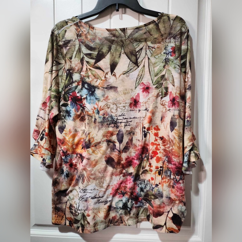 Time and Tru Sequin Floral Blouse, Sleeve Sublimation Top, Green Combo, XL